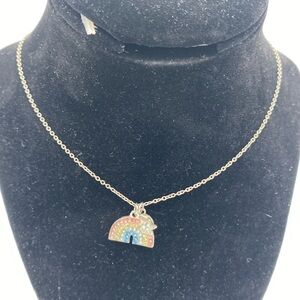 Women’s Rhinestone encrusted rainbow charm pendant silvertone necklace 10”